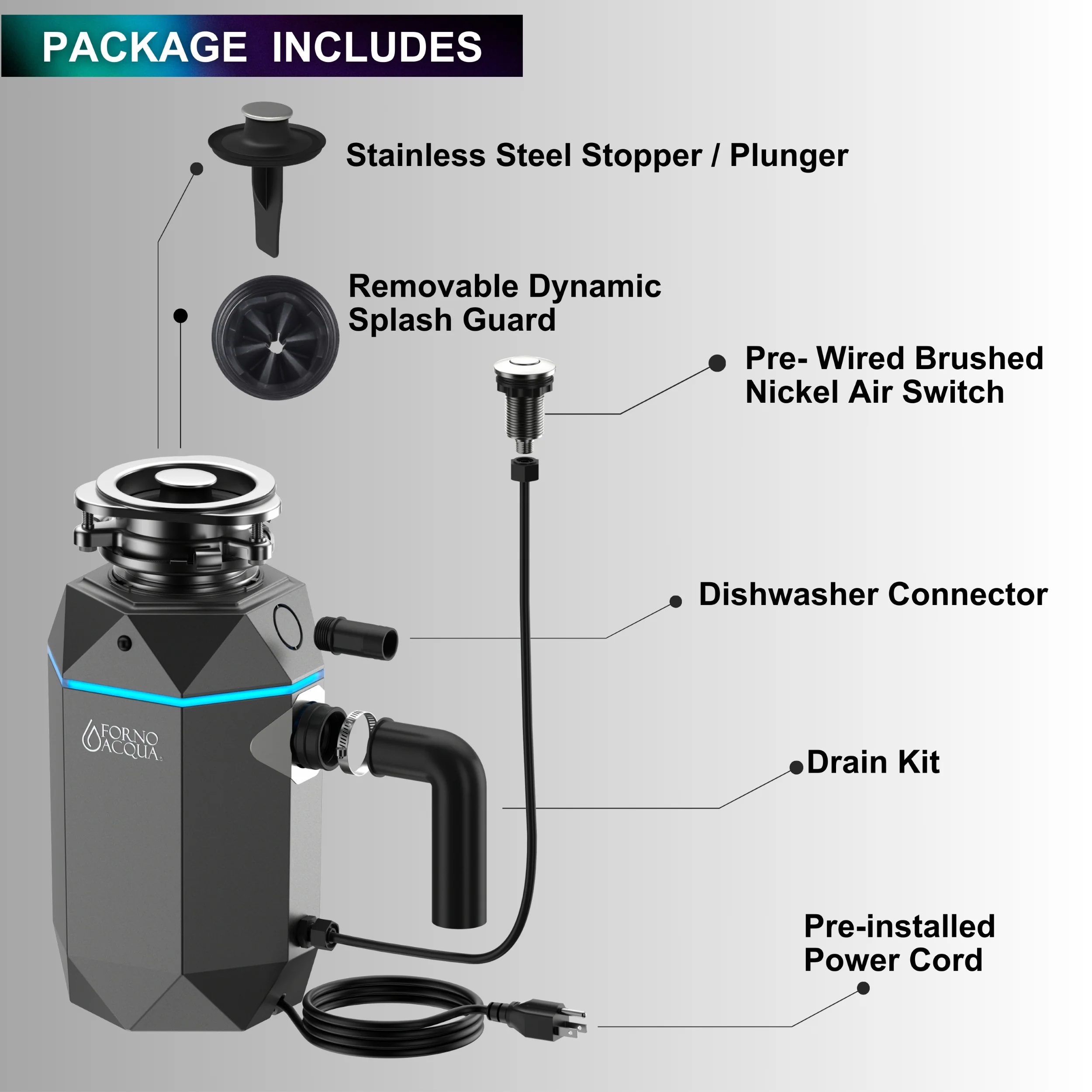 FORNO ACQUA BrightDIAMOND Black Onyx 3/4HP Super Quiet Garbage Disposal Corded with Motion Sensor Cabinet Light & Pre-Wired Air Switch - Image 7