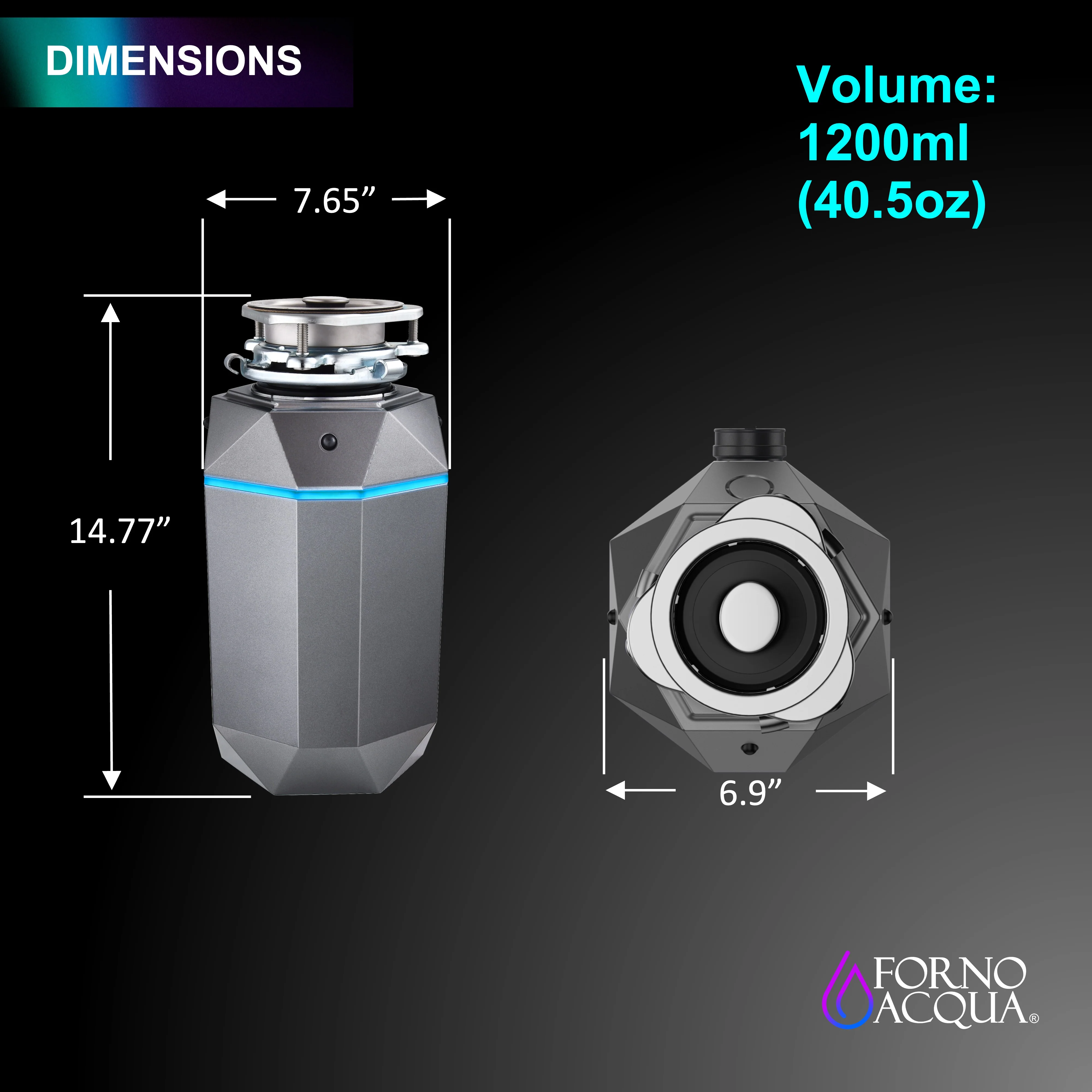 FORNO ACQUA BrightDIAMOND Black Onyx 1HP Super Quiet Garbage Disposal Corded with Motion Sensor Cabinet Light & Pre-Wired Air Switch - Image 8